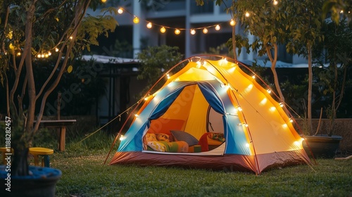 A colorful tent set up in a backyard with fairy lights, symbolizing family camping fun.