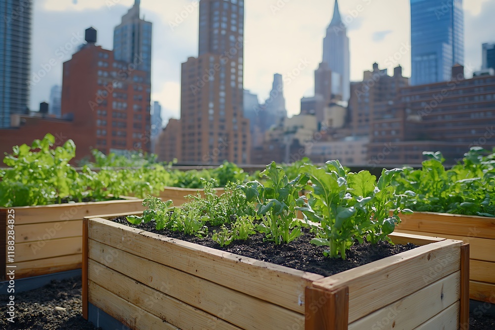 Fototapeta premium Wooden raised beds filled with vibrant green vegetables and herbs