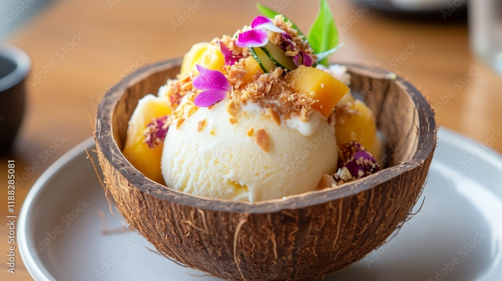 A delicious dessert served in a coconut shell, featuring ice cream, tropical fruits, and colorful edible flowers. A delicious dessert served in a coconut shell, featuring ice cream, tropical fruits, and colorful edible flowers.