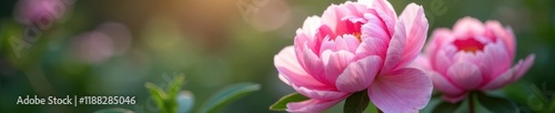 Soft pink peony blooms, lush petals, blurred background, background, gentle
