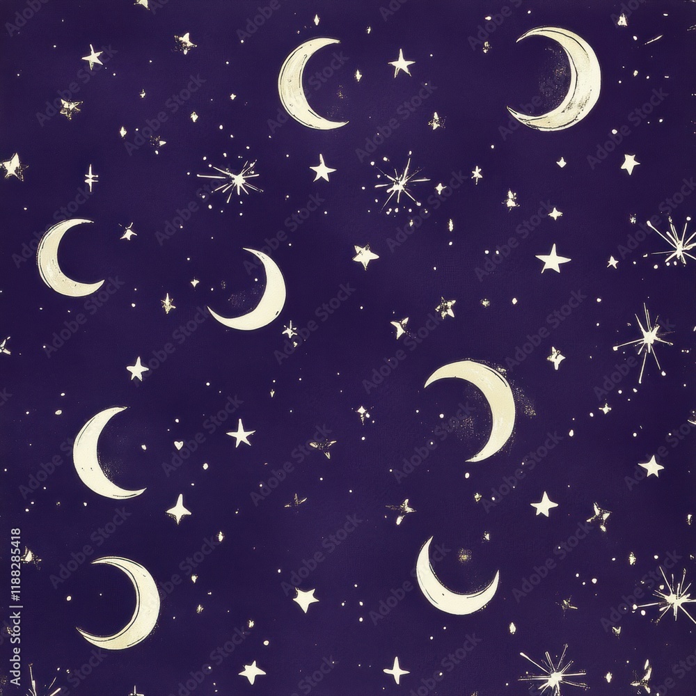 Naklejka premium Cosmic Celebration Wrap, flat gift wrap featuring scattered silver stars and crescent moons on a deep purple canvas, perfect for festive occasions
