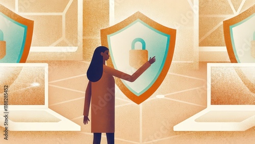 Cybersecurity Concept. A woman interacts with a digital shield symbolizing cybersecurity, surrounded by computer screens, highlighting the importance of online protection.