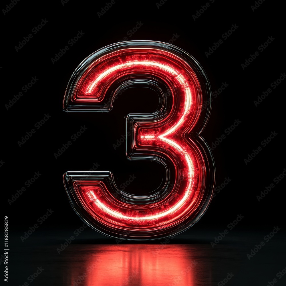 Glowing red neon number three on black background Glowing red neon number three on black background