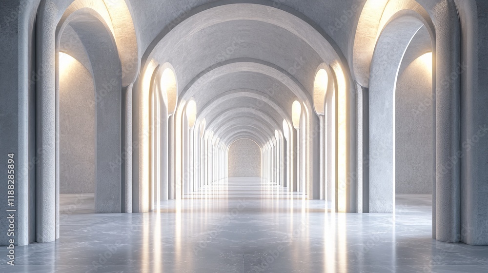 Illuminated arched hallway with columns and marble floor. Illuminated arched hallway with columns and marble floor.