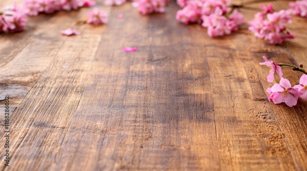 Pink Cherry Blossoms on Rustic Wooden Background Pink Cherry Blossoms on Rustic Wooden Background