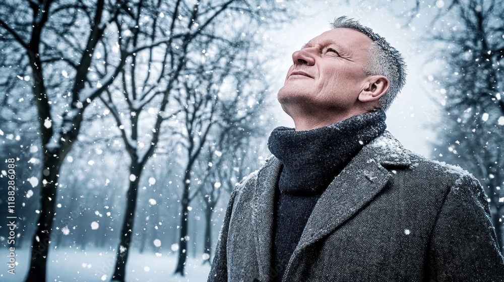 Winter Serenity: A Man Contemplates the Falling Snow Winter Serenity: A Man Contemplates the Falling Snow