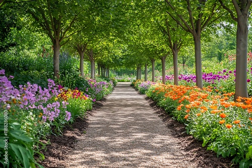 Fototapeta Naklejka Na Ścianę i Meble -  Beautiful, tree-lined path in the flower garden with colorful flowers and green trees.