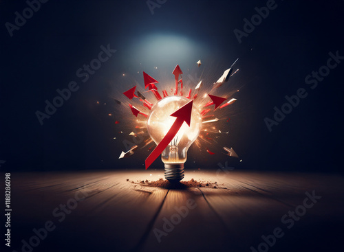 A lightbulb explodes, releasing bright light and red arrows, symbolizing a breakthrough idea and upward trajectory.  The scene is dark, emphasizing the power of innovation. photo