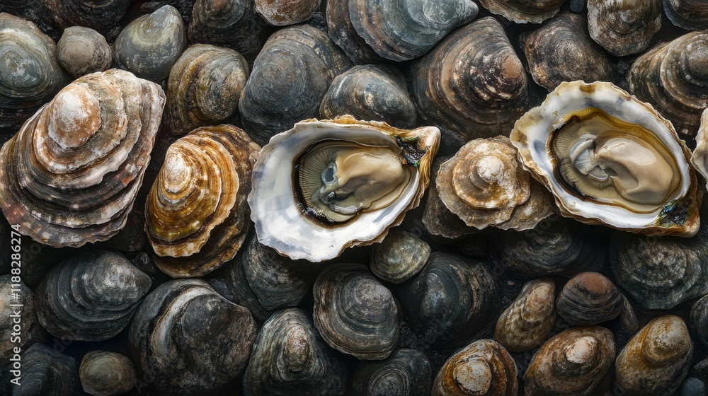 Fresh Oysters on Natural Shell Background Fresh Oysters on Natural Shell Background