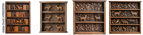 Beautifully crafted rustic wooden shelving units featuring intricate carved motifs of deer leaves and other wildlife elements perfect for adding a touch of natural photo