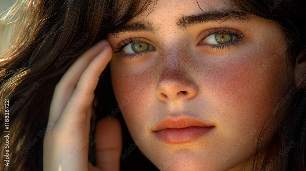 Close-up Portrait of a Young Woman with Freckles and Green Eyes Close-up Portrait of a Young Woman with Freckles and Green Eyes