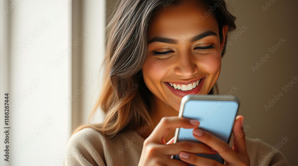 A woman chats with friends on her phone in admiration, communication via phone, A woman chats with friends on her phone in admiration, communication via phone,