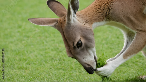 Handheld, close up shot of a kangaroo chomping and sniffing grass. photo