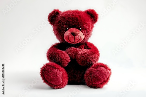 Detailed view of a red teddy bear in a sitting pose with its paws crossed, isolated against a white backdrop for a portrait-like effect. photo