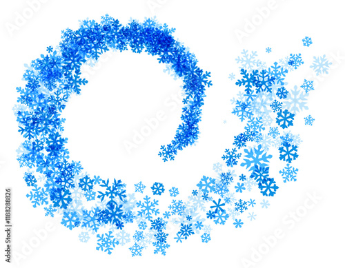 A swirling spiral design made up of intricate blue snowflakes on a white background, evoking a winter wonderland atmosphere.