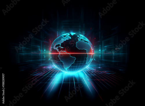 A glowing digital globe, rendered in vibrant blue and red hues, sits at the center of a dark, futuristic cityscape.  Lines of light radiate outward, suggesting connectivity and technological advanceme photo