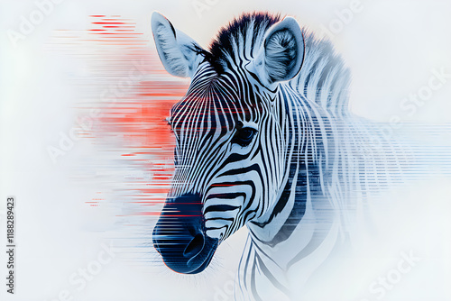 Zebra Portrait with Glitch Art Effect on Minimalist White Background. photo