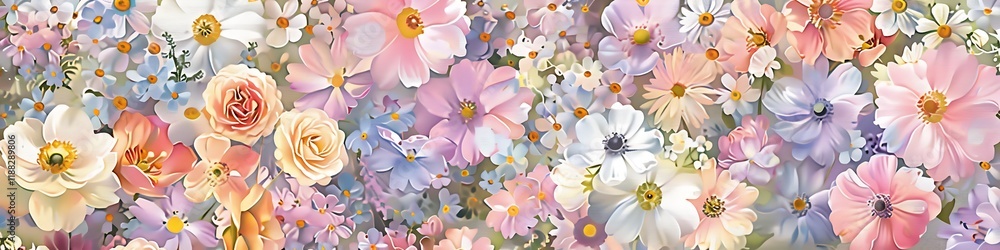 Large canvas print showcasing an abstract spring garden, featuring a seamless pattern of blooming flowers in gentle pastel shades. Large canvas print showcasing an abstract spring garden, featuring a seamless pattern of blooming flowers in gentle pastel shades.