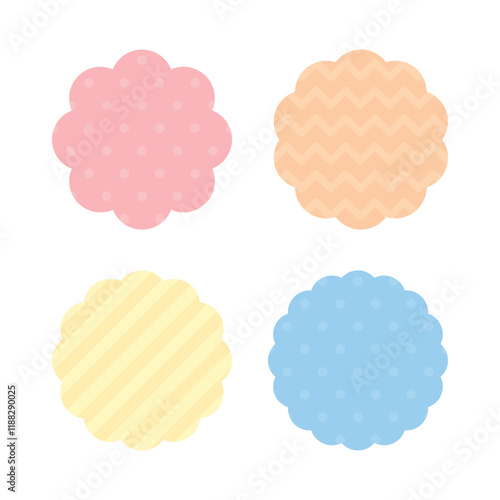 A collection of pastel-colored round labels with scalloped edges and decorative patterns. Flat design illustration.	