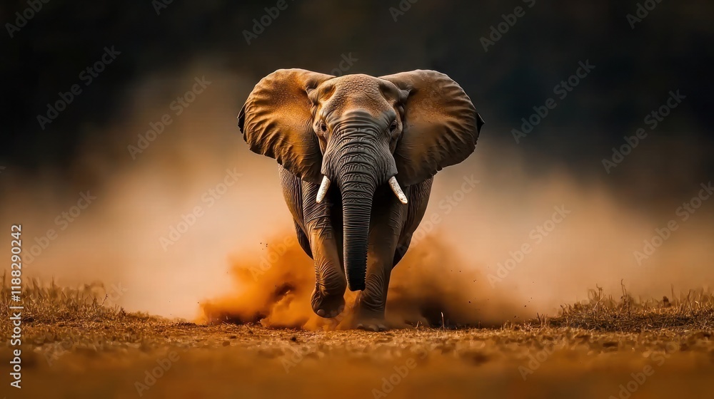 Fototapeta premium Elephant charging in dusty savanna at sunset.