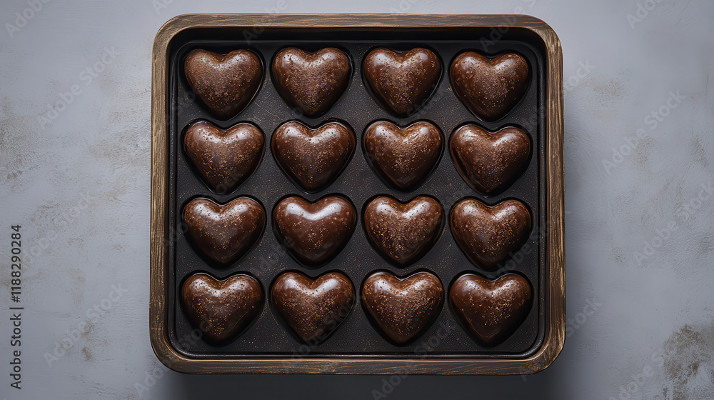 Discover a delightful arrangement of heart-shaped chocolate candies on a rustic tray. Perfect for gifts, celebrations, or special occasions, these treats are a beautiful indulgence Discover a delightful arrangement of heart-shaped chocolate candies on a rustic tray. Perfect for gifts, celebrations, or special occasions, these treats are a beautiful indulgence