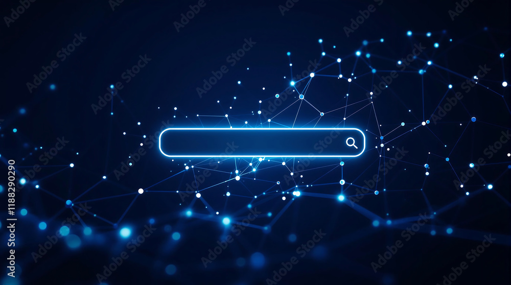 Futuristic search bar with glowing blue outline, magnifying glass icon, and placeholder text