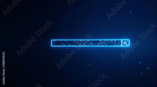 Futuristic search bar with glowing blue outline and magnifying glass icon, on a network background. Ideal for AI, technology, search, interface, and futuristic design visuals.