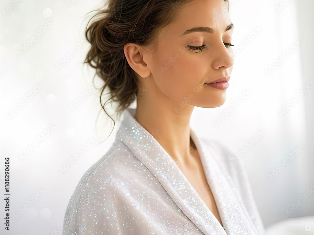 Portrait of beautiful female model from right side on blurred white background with pearlescent bokeh, skin care, body care, beauty salon Portrait of beautiful female model from right side on blurred white background with pearlescent bokeh, skin care, body care, beauty salon