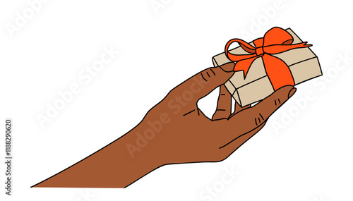 Hand holding gift box wrapping with red ribbon bow, birthday, valentines day present isolated on transparent background, colored outline hand drawn vector illustration.