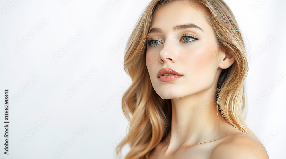 Portrait of beautiful female model from right side on blurred white background with pearlescent bokeh, skin care, body care, beauty salon Portrait of beautiful female model from right side on blurred white background with pearlescent bokeh, skin care, body care, beauty salon