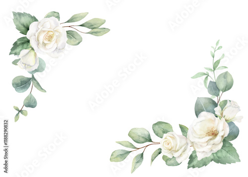 Watercolor vector corner border frame. Green eucalyptus leaves and white roses. Greenery clipart for wedding invitation, greeting cards, save the date, stationery design. Hand drawn illustration.