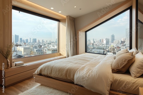 Cozy bedroom with city views, light wood furniture, and neutral bedding.