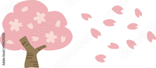 薄いピンクの桜の木と花びらのイラスト