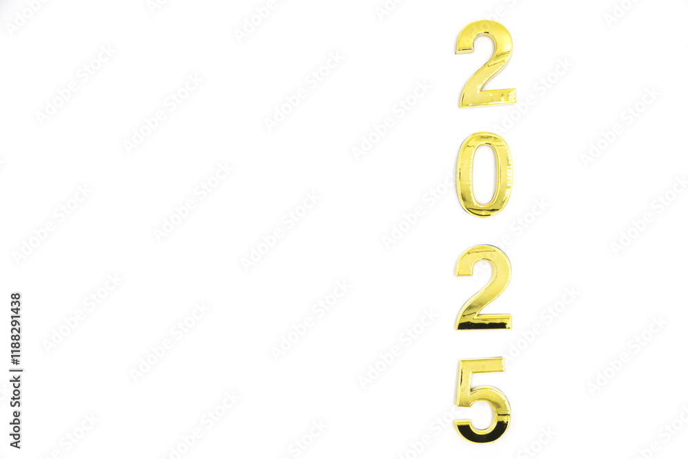 Obraz premium Gold 2025 numerals on a white background. 2025 New Years Eve Celebration, Holiday background Happy New Year 2025. Numbers of year 2025, celebrating New Year holiday, Space for text