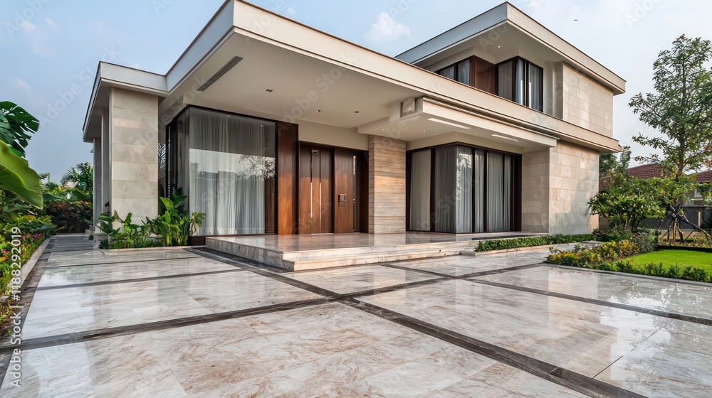 Clean lines in a luxurious home with a marble driveway. Clean lines in a luxurious home with a marble driveway.
