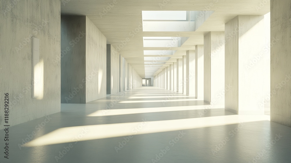 Sunlit minimalist concrete hallway with columns and skylights. Sunlit minimalist concrete hallway with columns and skylights.