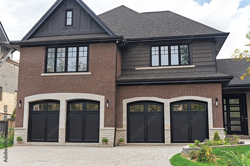 Obraz premium Luxurious exterior with brown brick and gray trim.