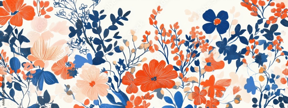 Vibrant Floral Pattern Orange Blue Peach Flowers Botanical Illustration Seamless Design