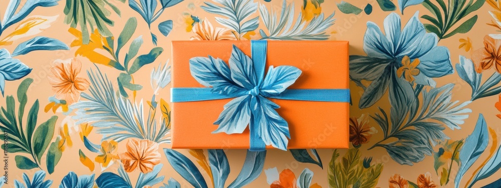 Orange Gift Box with Teal Bow on Tropical Floral Wrapping Paper