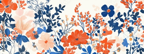 Obraz na płótnie Vibrant Floral Pattern Orange Blue Peach Flowers Botanical Illustration Seamless Design w salonie