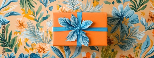 Obraz na płótnie Orange Gift Box with Teal Bow on Tropical Floral Wrapping Paper w salonie
