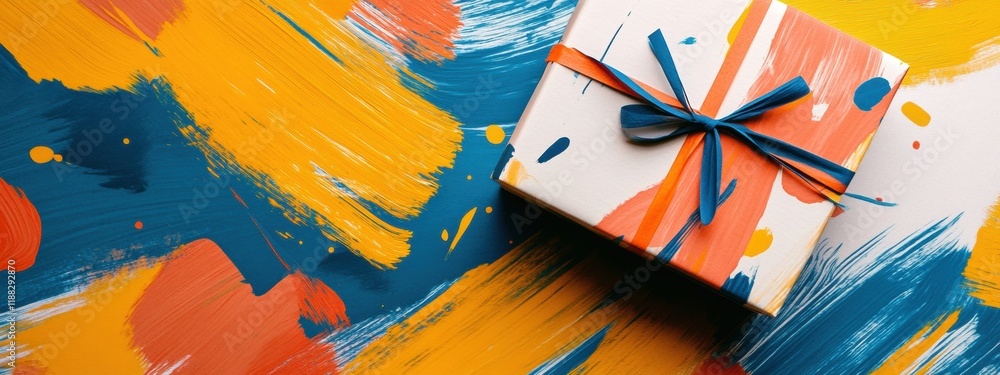 Vibrant Abstract Gift Box with Blue Ribbon on Colorful Painted Background