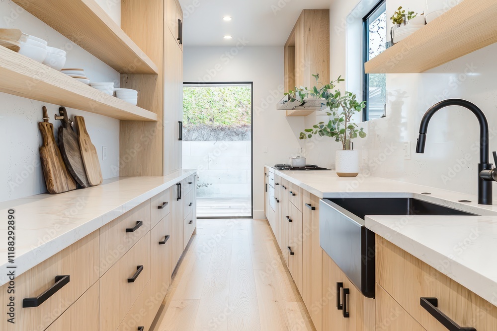 Functional kitchen with clean lines, light cabinets, and open shelving. Functional kitchen with clean lines, light cabinets, and open shelving.