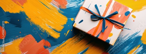 Obraz na płótnie Vibrant Abstract Gift Box with Blue Ribbon on Colorful Painted Background w salonie