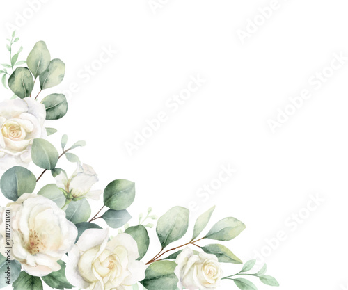 Watercolor vector corner border frame. Green eucalyptus leaves and white roses. Greenery clipart for wedding invitation, greeting cards, save the date, stationery design. Hand drawn illustration.