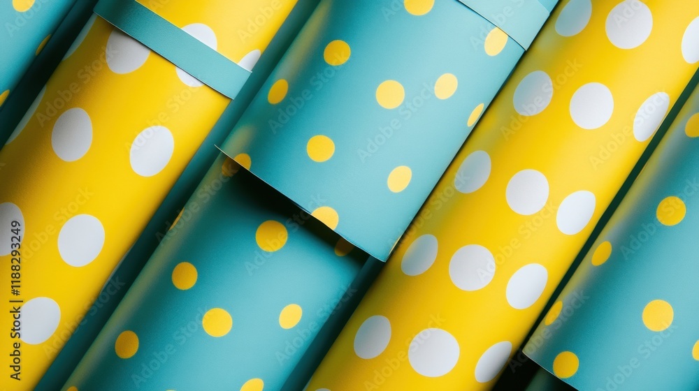Abstract Background of Yellow and Teal Polka Dot Wrapping Paper Rolls