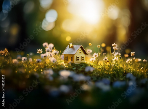 Wallpaper Mural A miniature house sits amidst a field of wildflowers, bathed in warm, golden sunlight.  The scene evokes feelings of peace, tranquility, and the idyllic dream of homeownership. Torontodigital.ca