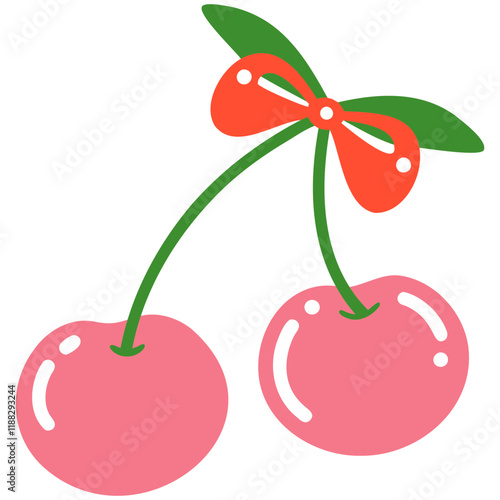 Cute cherry illustration with red bow and green leaves