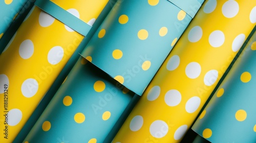 Obraz na płótnie Abstract Background of Yellow and Teal Polka Dot Wrapping Paper Rolls w salonie
