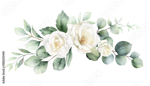 Watercolor vector wreath of ivory rose, sage green foliage, greenery and eucalyptus leaves. Floral background. Perfect for wedding, greetings, wallpapers, fashion, fabric. Hand painted illustration.